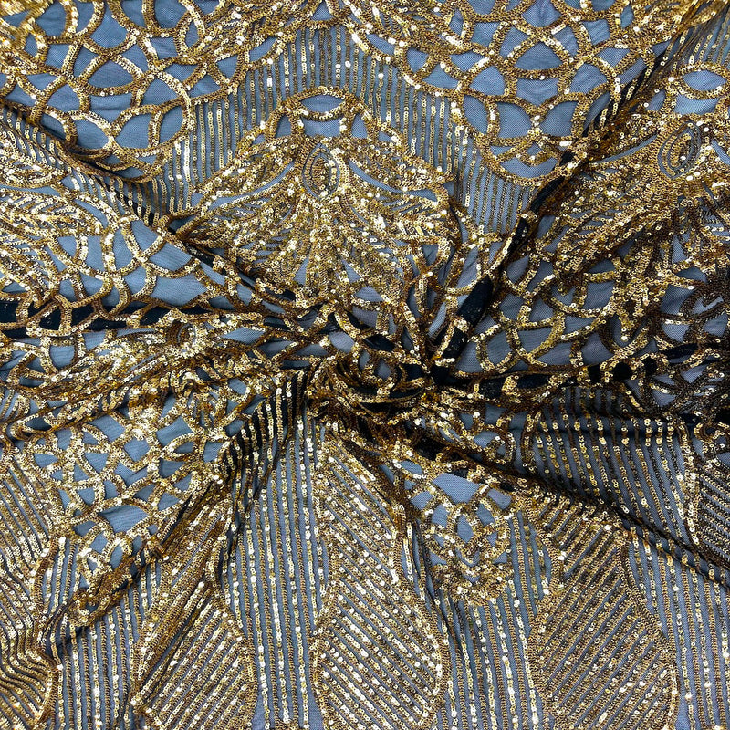 Black | Gold Bella Bee Stretch Sequins Lace Fabric