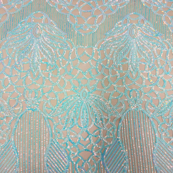 Pearl Blue Iridescent | Dark Beige Bella Bee Stretch Sequins Lace Fabric