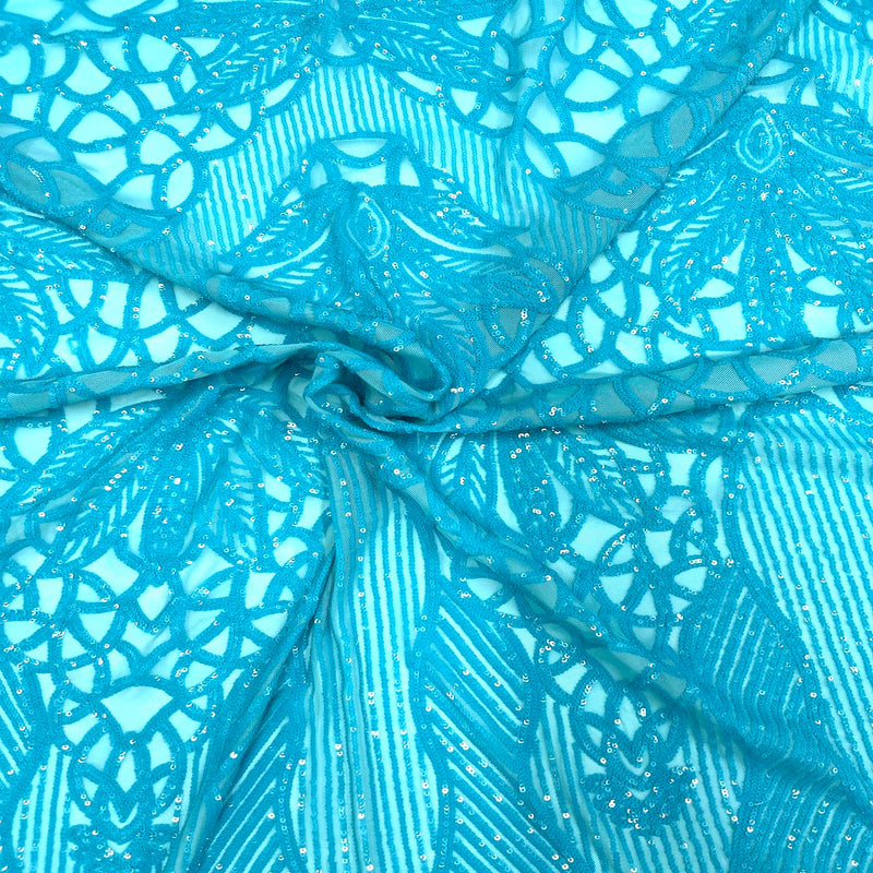 Aqua Blue Bella Bee Stretch Sequins Lace Fabric