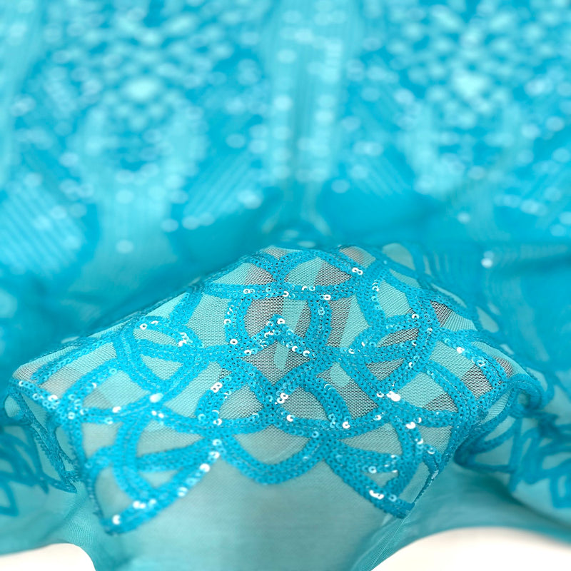 Aqua Blue Bella Bee Stretch Sequins Lace Fabric