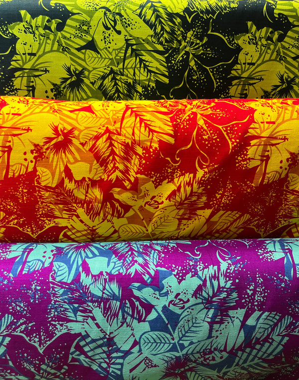 Hibiscus Plumeria Tropical Leaves Fabric | Cotton Light Barkcloth