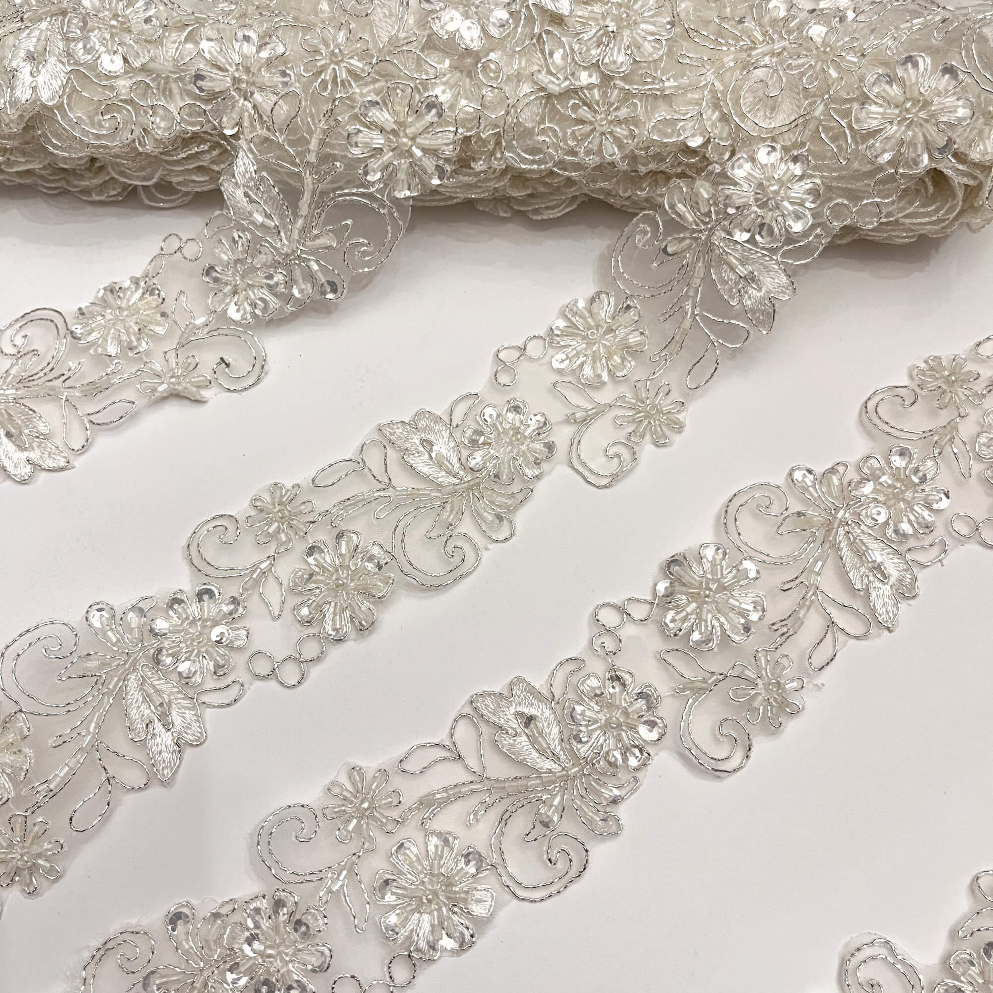 Beaded & Corded Lace Trimming Embroidered on 100% Polyester Net Mesh | Lace USA - 96283W-BP