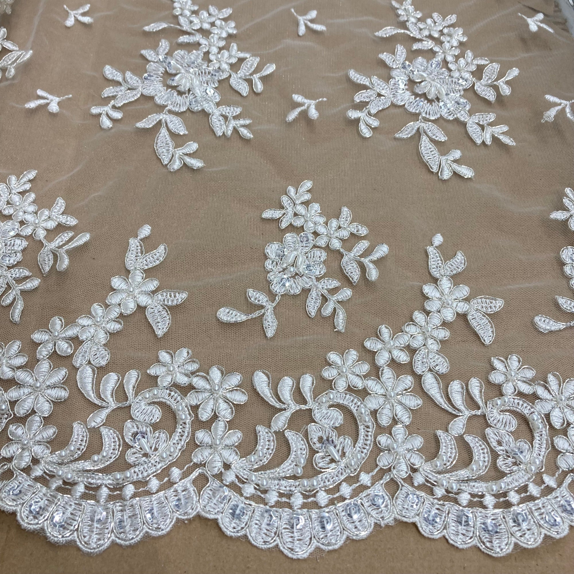 Beaded & Corded Lace Fabric – Floral Design with Scalloped Edges | Lace USA - 91436W-BP