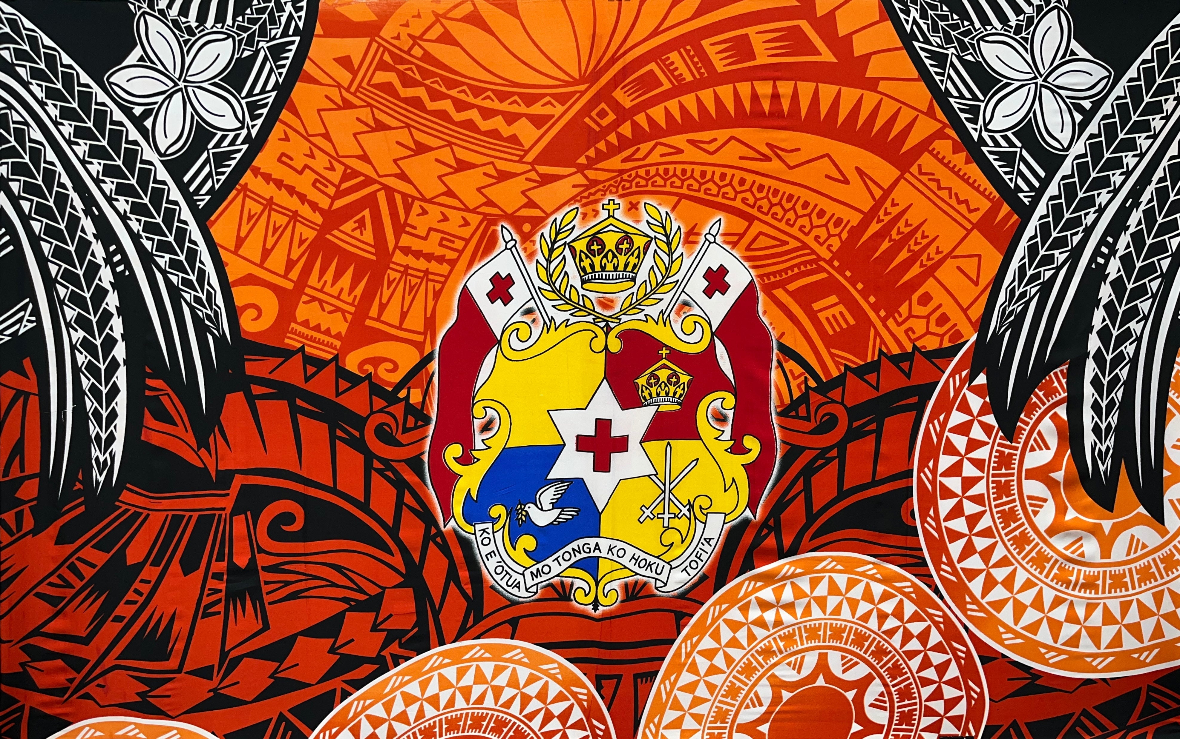 Kingdom of Tonga Seal Plumeria Tattoo Design Tupenu| Islands Fabric