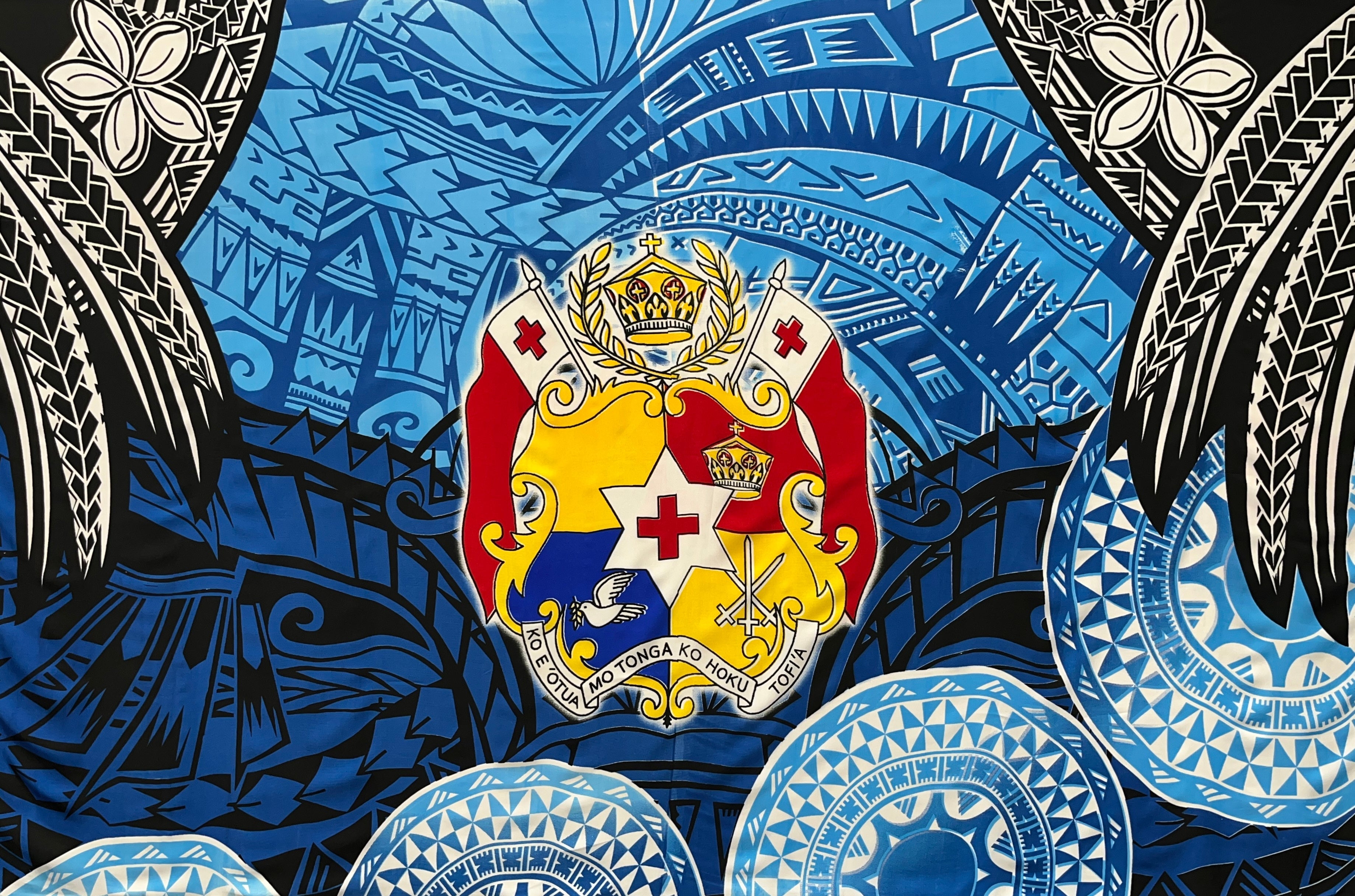Kingdom of Tonga Seal Plumeria Tattoo Design Tupenu| Islands Fabric