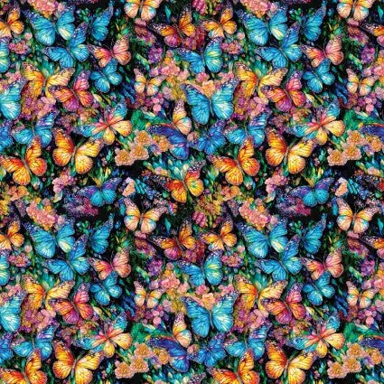 Multi Stained Glass Butterflies Cotton Wideback Fabric per yard