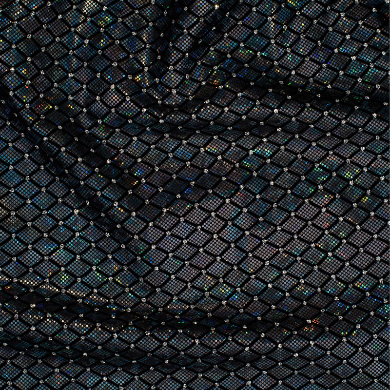 Diamond Flocking Hologram and Glitter on Stretch Nylon Spandex Tricot Fabric | Spandex Palace Black 