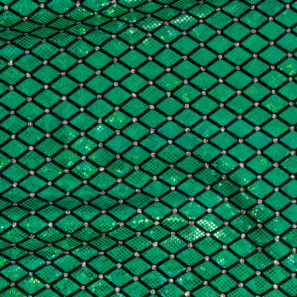 Diamond Flocking Hologram and Glitter on Stretch Nylon Spandex Tricot Fabric | Spandex Palace Green