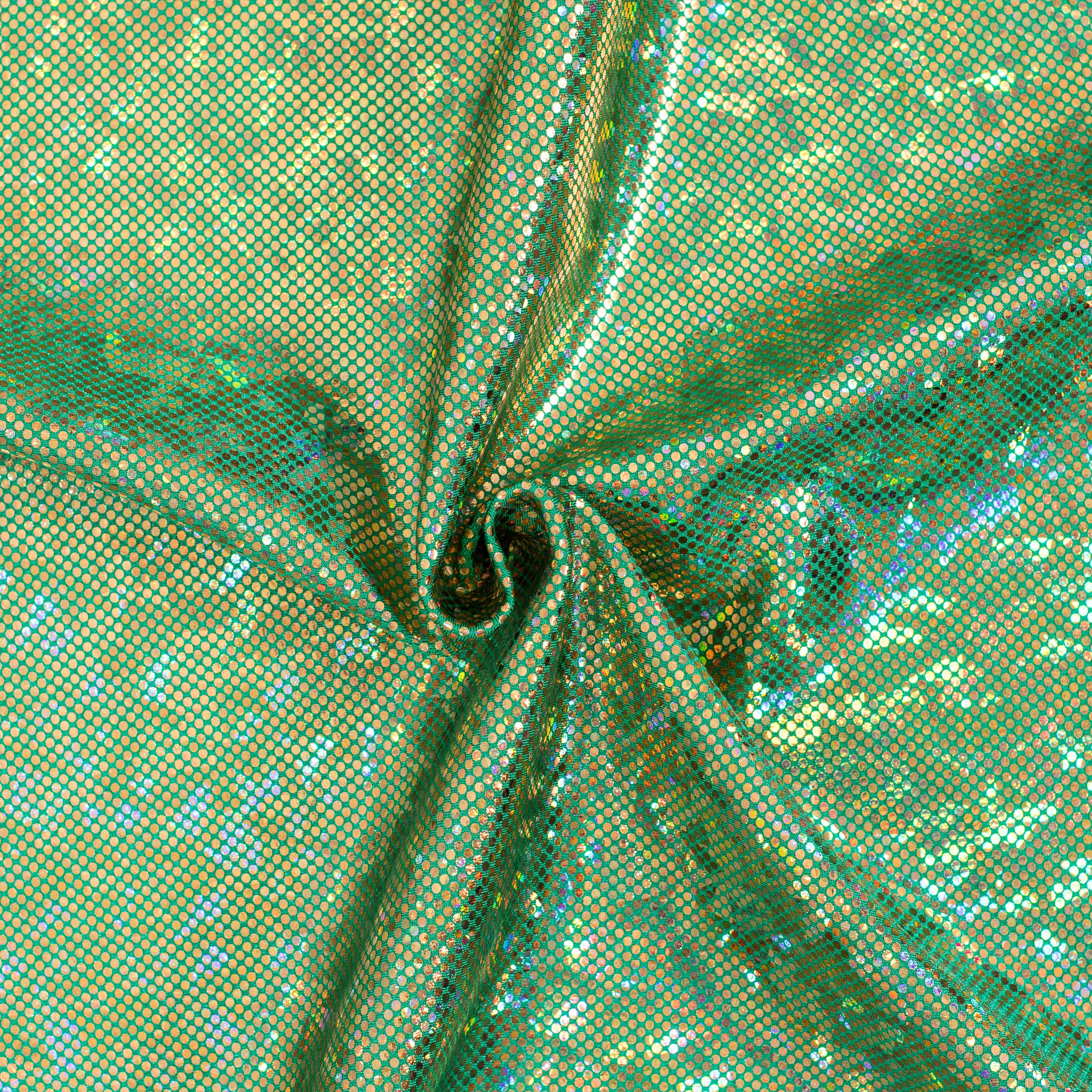 Nylon Spandex Fabric with Shatter Glass Hologram Design | Spandex Palace Green Gold