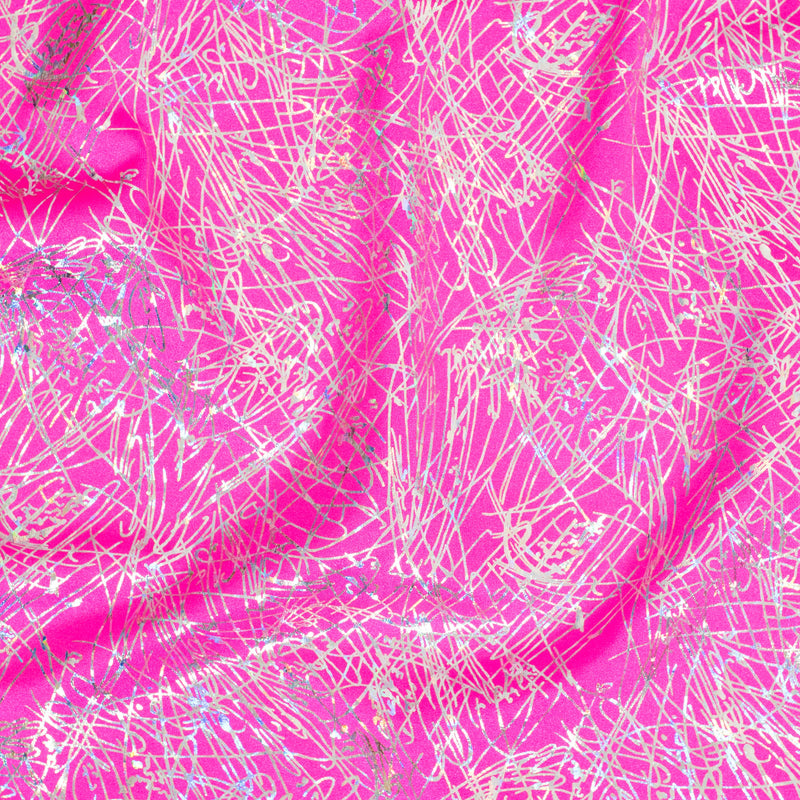 Stretch Nylon Spandex Fabric with Dancing Splash Hologram Foil | Spandex Palace Hot Pink Silver
