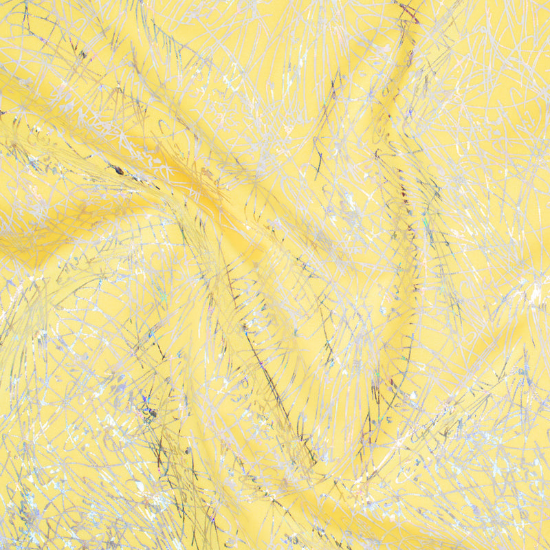 Stretch Nylon Spandex Fabric with Dancing Splash Hologram Foil | Spandex Palace Yellow Silver