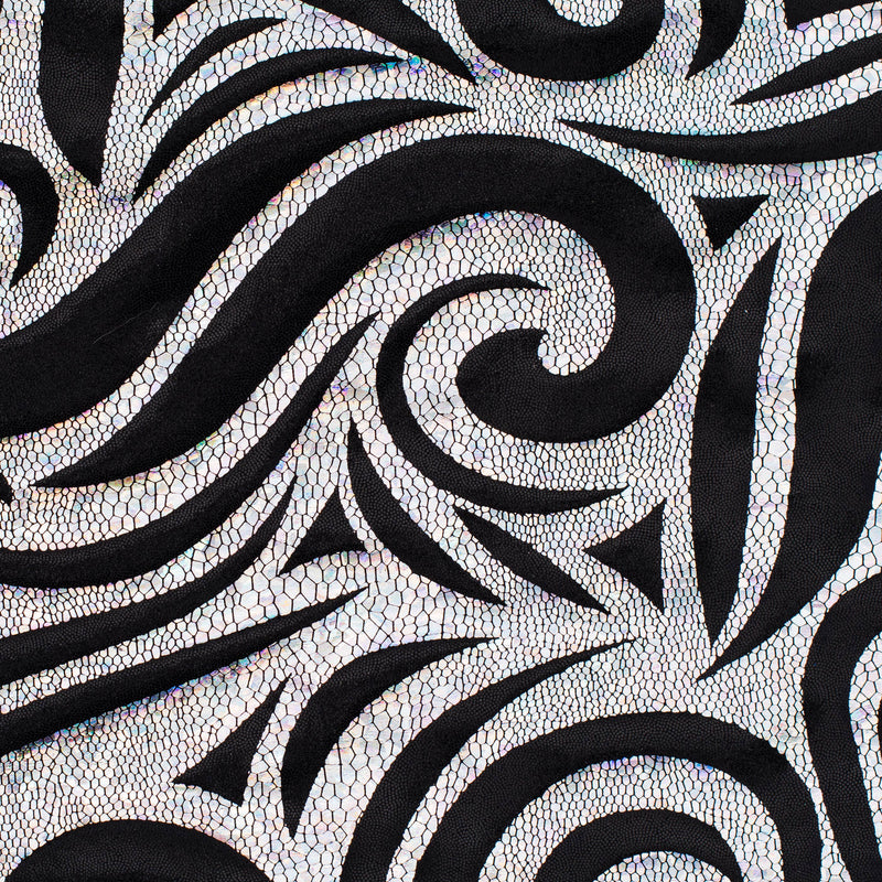 Foggy Foil Paisley Nylon Spandex Fabric with Hologram | Spandex Palace Black Black Silver