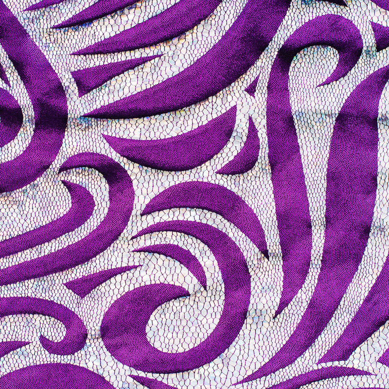 Foggy Foil Paisley Nylon Spandex Fabric with Hologram | Spandex Palace Purple Silver