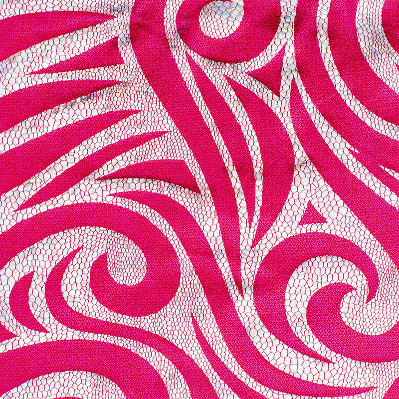 Foggy Foil Paisley Nylon Spandex Fabric with Hologram | Spandex Palace Red Fuchsia Silver
