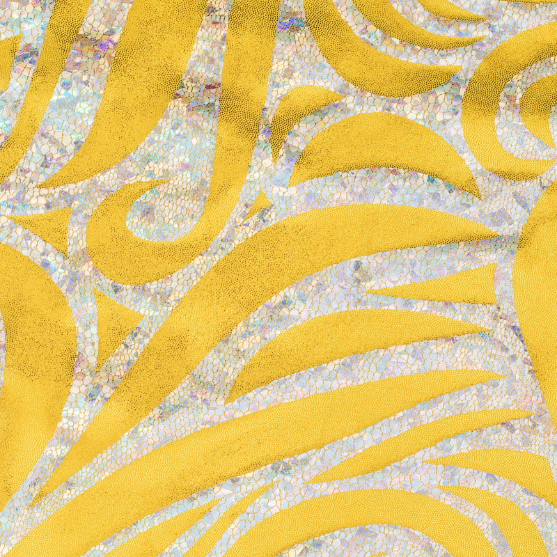 Foggy Foil Paisley Nylon Spandex Fabric with Hologram | Spandex Palace White yellow Silver