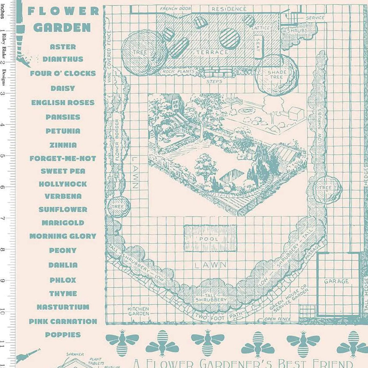 Natural Flower Patch Farmers Almanac Raindrop Wideback Fabric per yard