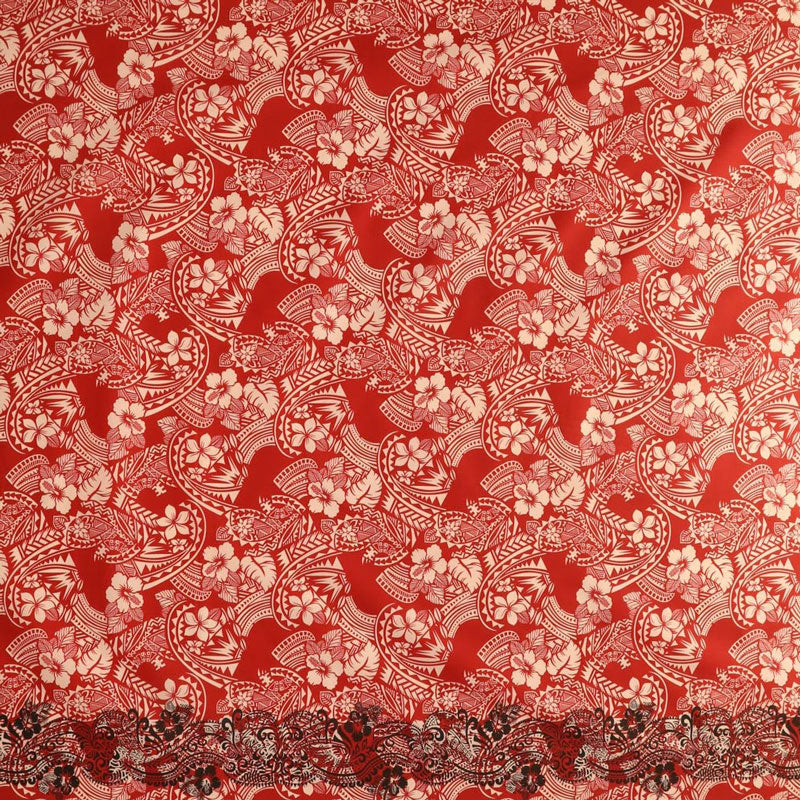 Polynesian Hibiscus & Plumeria Flowers Traditional Tattoo Single Border Fabric | Poly-Cotton  | Spandex Palace