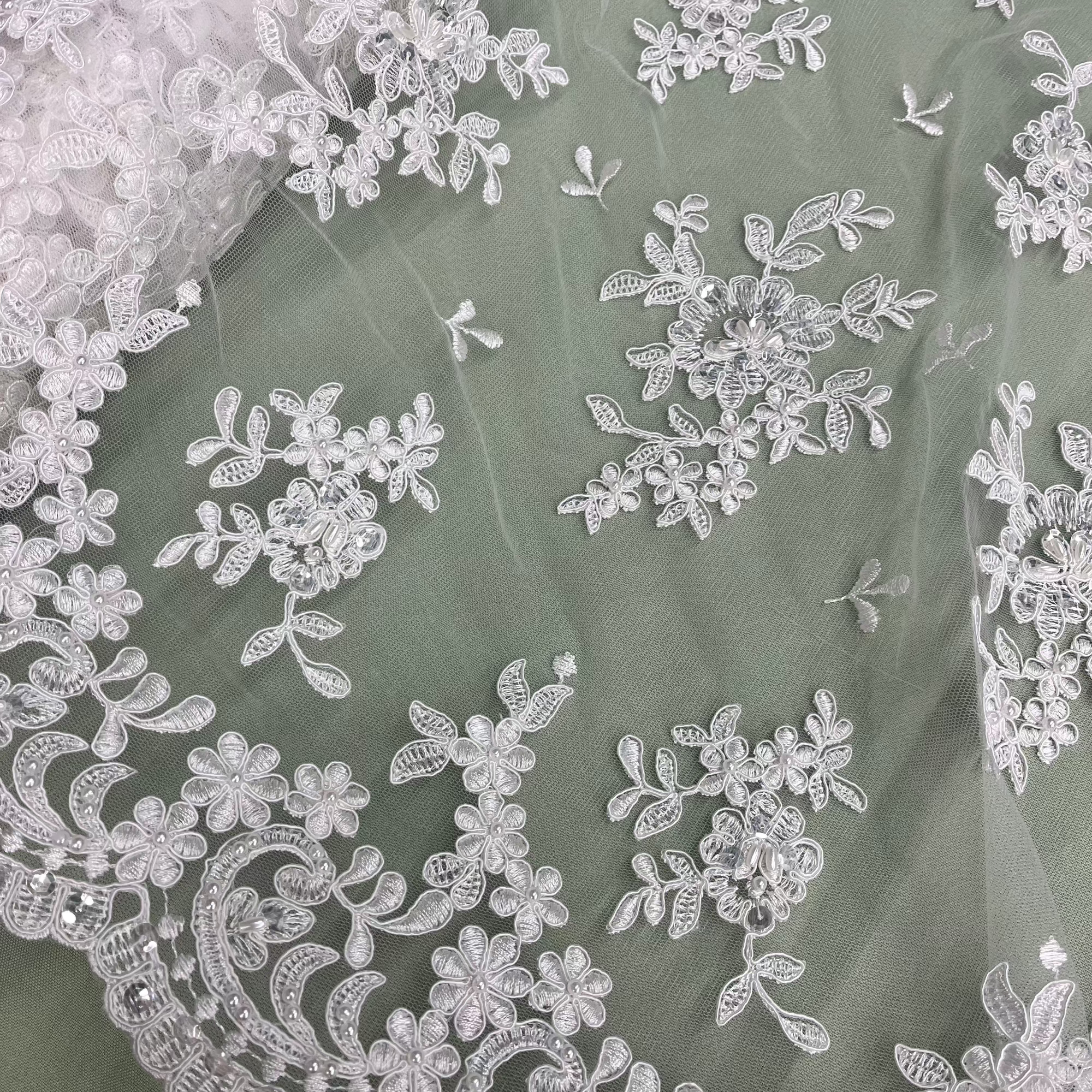 Beaded & Corded Lace Fabric – Floral Design with Scalloped Edges | Lace USA - 91436W-BP