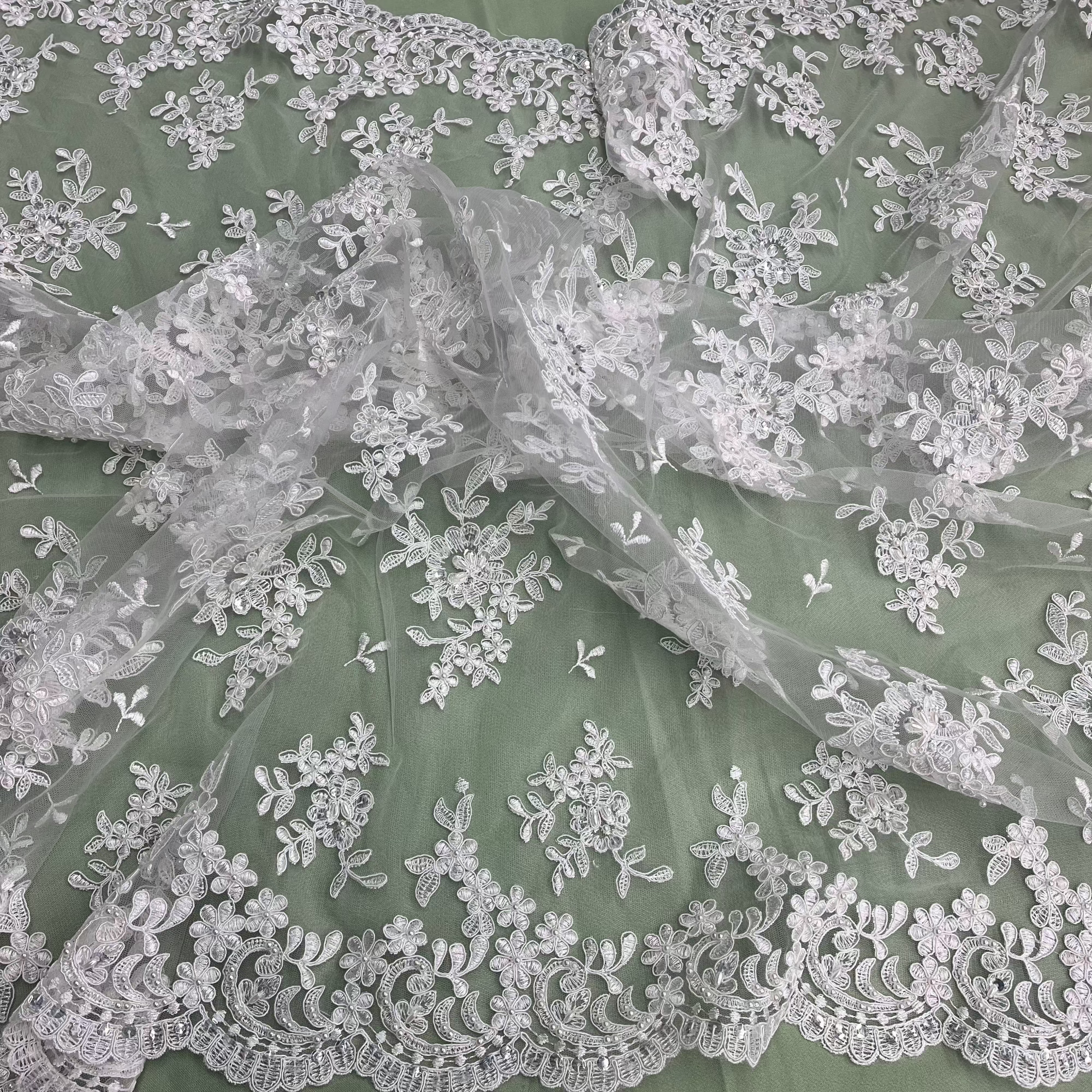 Beaded & Corded Lace Fabric – Floral Design with Scalloped Edges | Lace USA - 91436W-BP