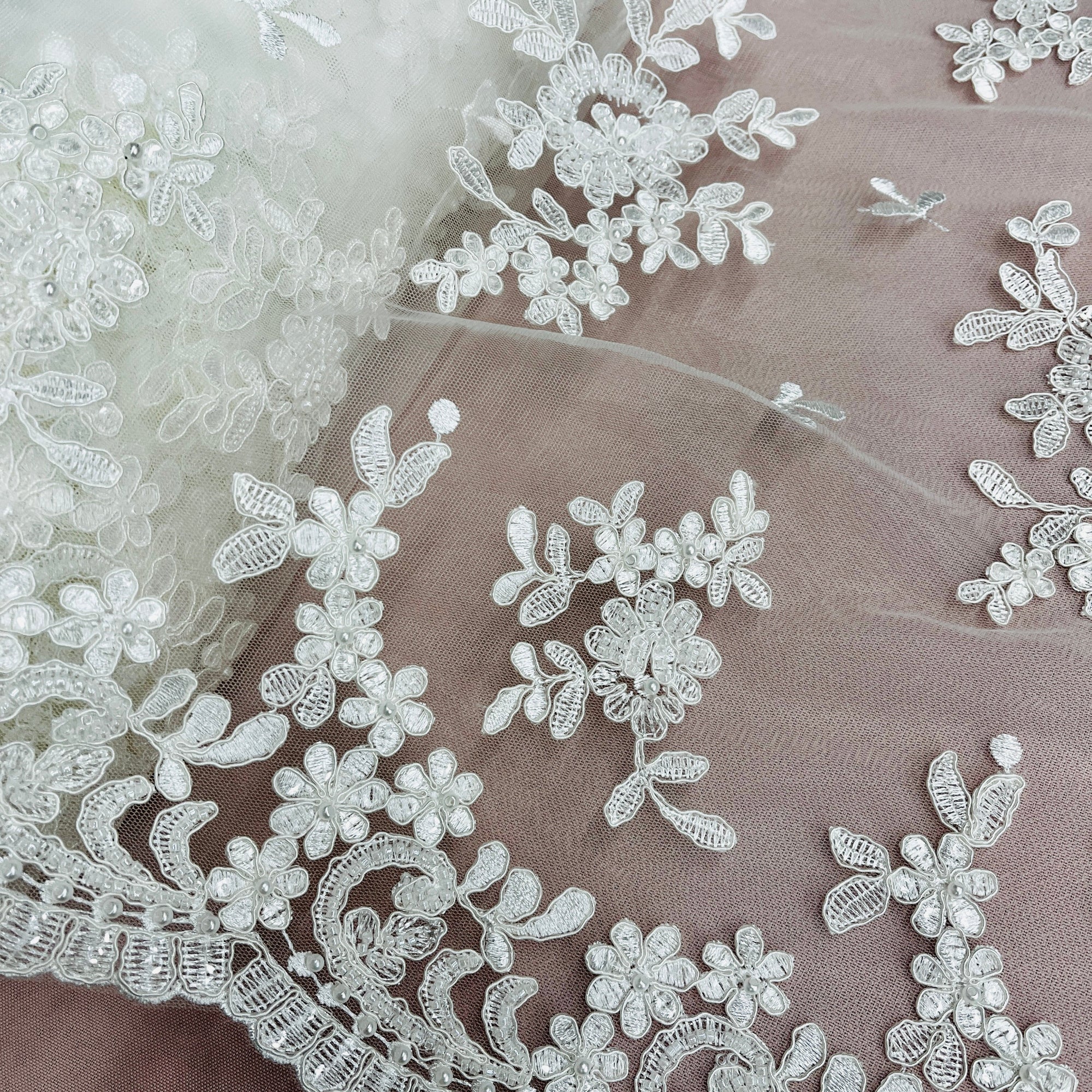 Beaded & Corded Lace Fabric – Floral Design with Scalloped Edges | Lace USA - 91436W-BP