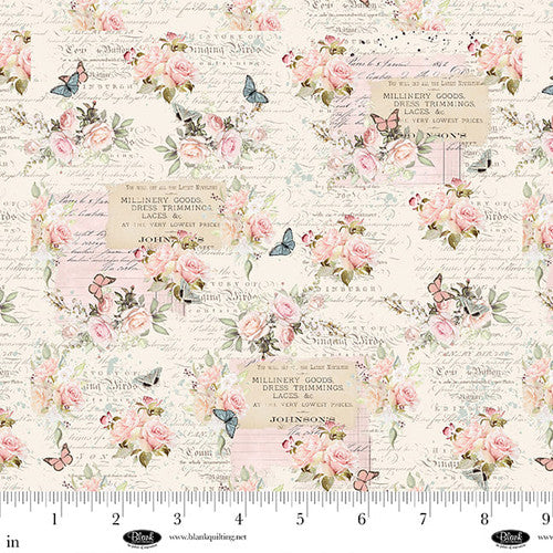 Parisian Snippets Digital Ecru Roses With Text Cotton 44"/45" Fabric Per Yard