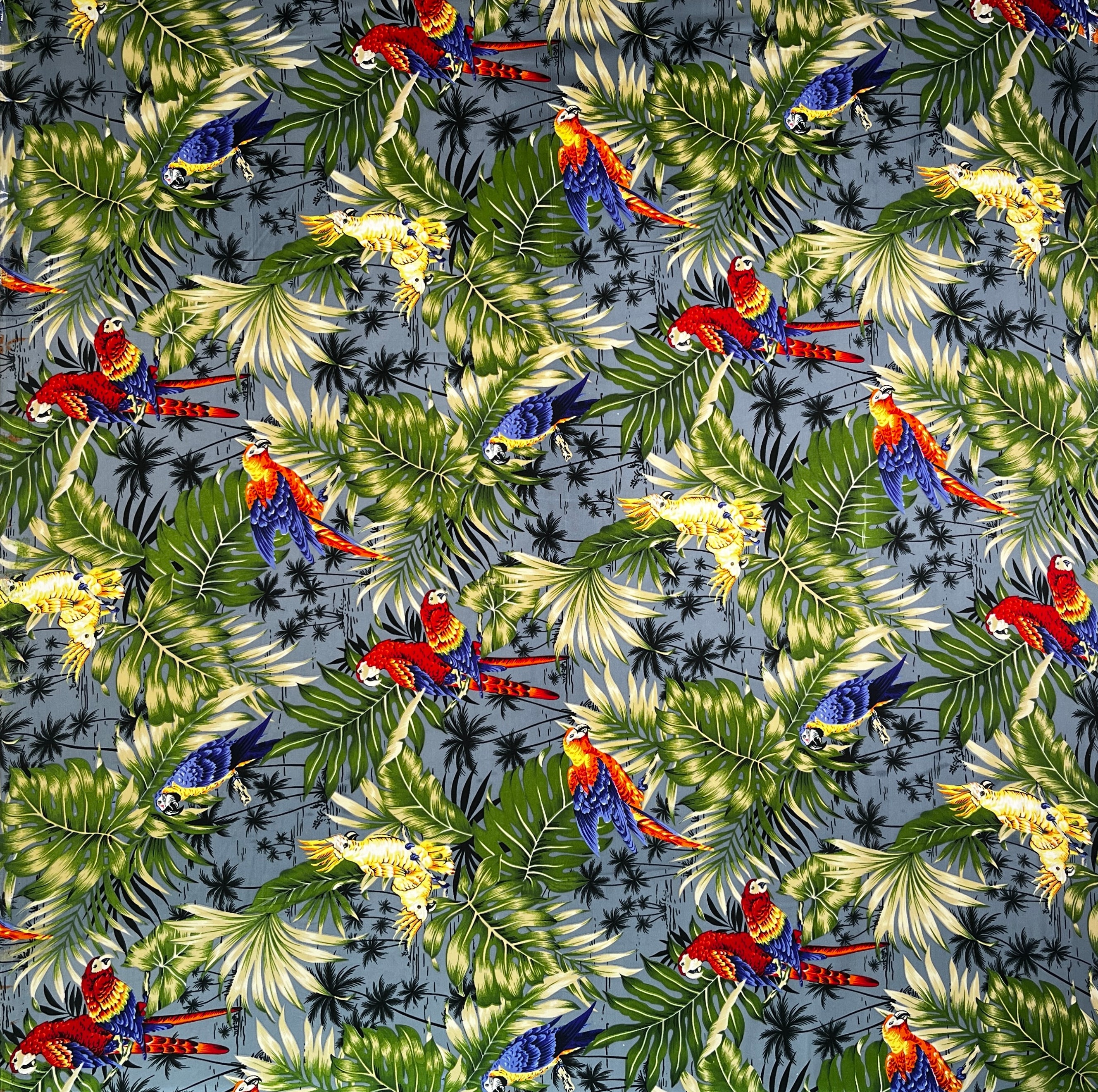Parrots Split Monstera Palm Leaves Peachskin Fabric | Islands Fabric