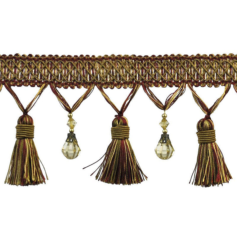 Paulette Collection - 4" width BEADED TASSEL FRINGE (25 Yard Roll) - BF-4027-17/38 Wine Red and Toffee