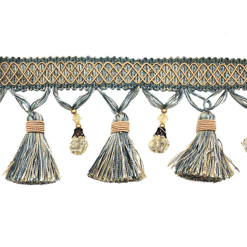Paulette Collection - 4" width BEADED TASSEL FRINGE (25 Yard Roll) - BF-4027-33/82 Turquoise and Ivory