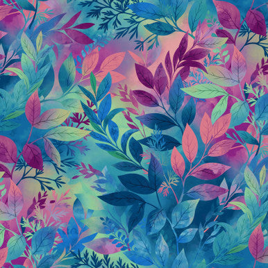 Peacock Multi Ombre Leaves Blissful Blooms Cotton 43"/44" Fabric Per Yard