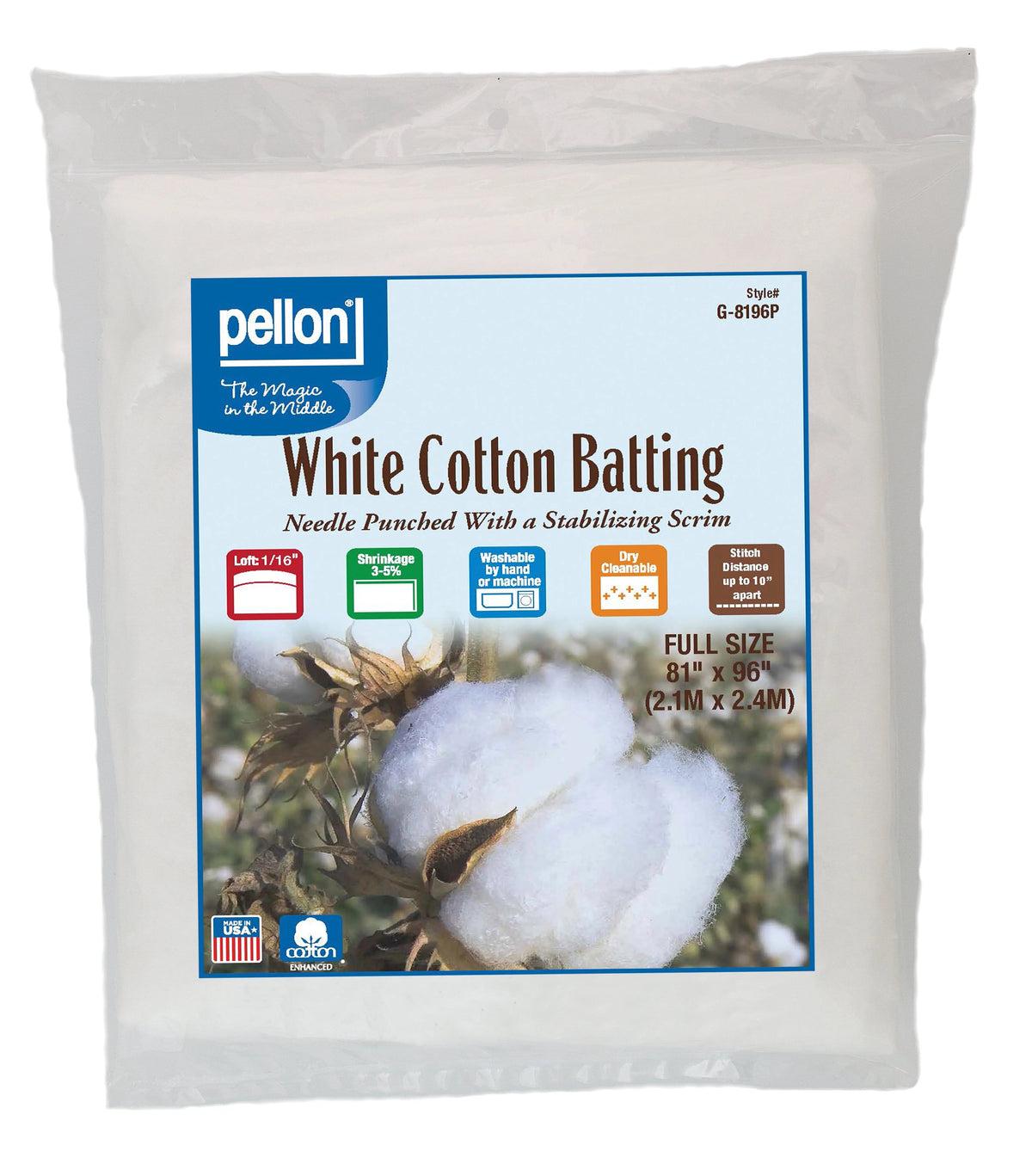 Pellon® White Cotton Batting With Scrim 81" x 96" Full Size Package.
