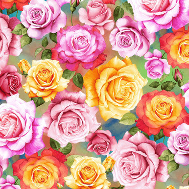 Pink Multi Roses Blissful Blooms Cotton 43"/44" Fabric Per Yard