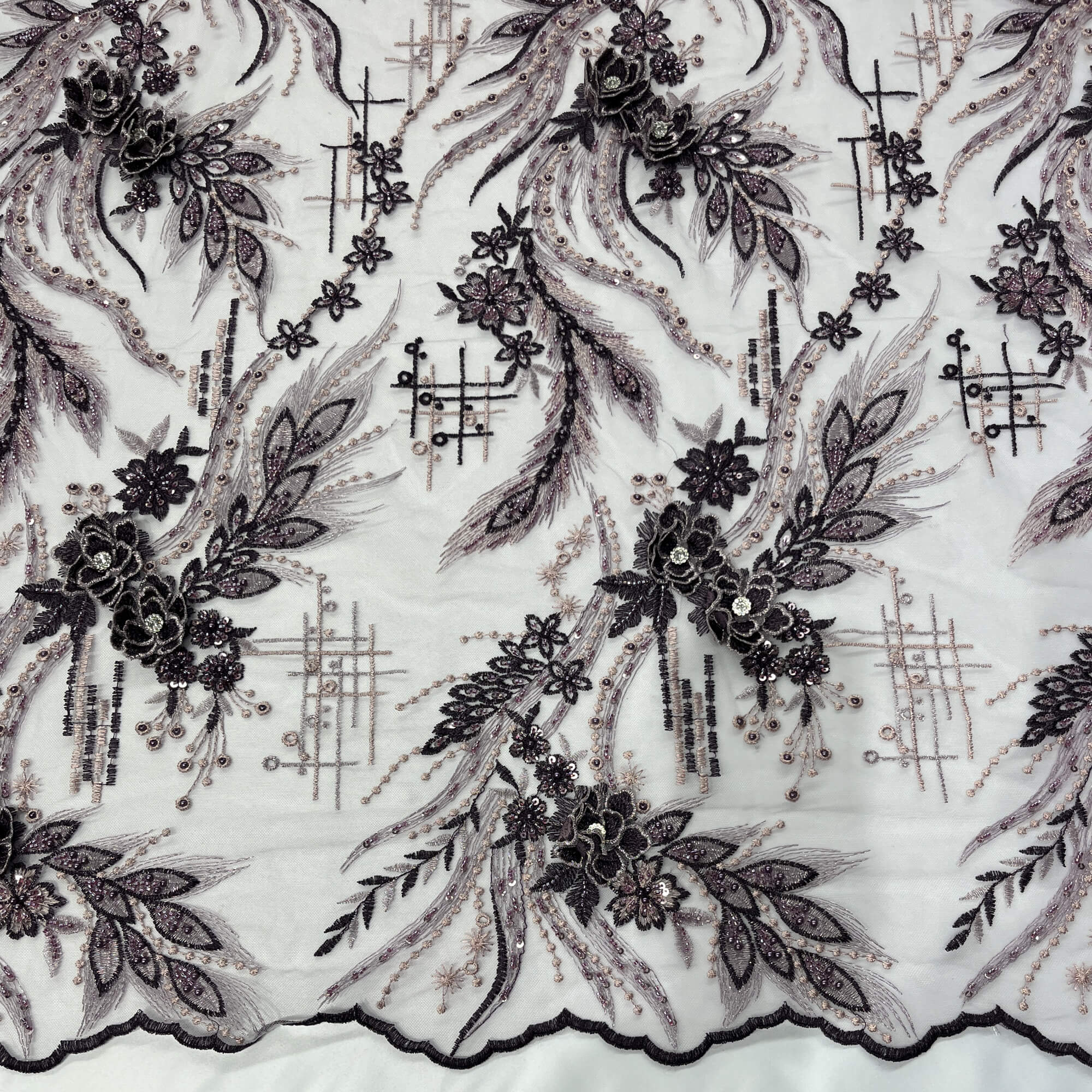 Beaded & Rhinestone 3D Floral Lace Fabric Embroidered on 100% Polyester Net Mesh | Lace USA - GD-2266