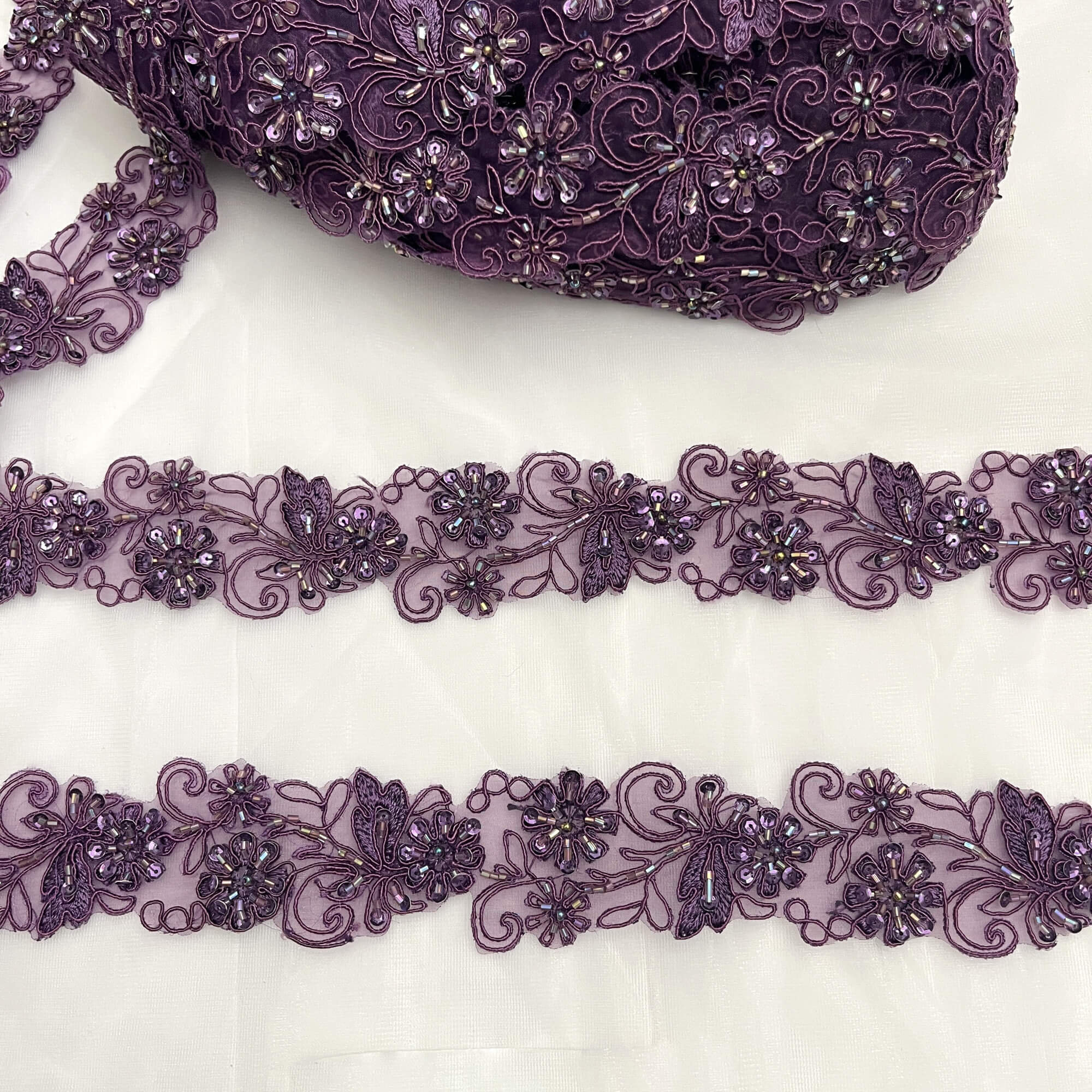 Beaded & Corded Lace Trimming Embroidered on 100% Polyester Organza  | Lace USA - 96283N-BP