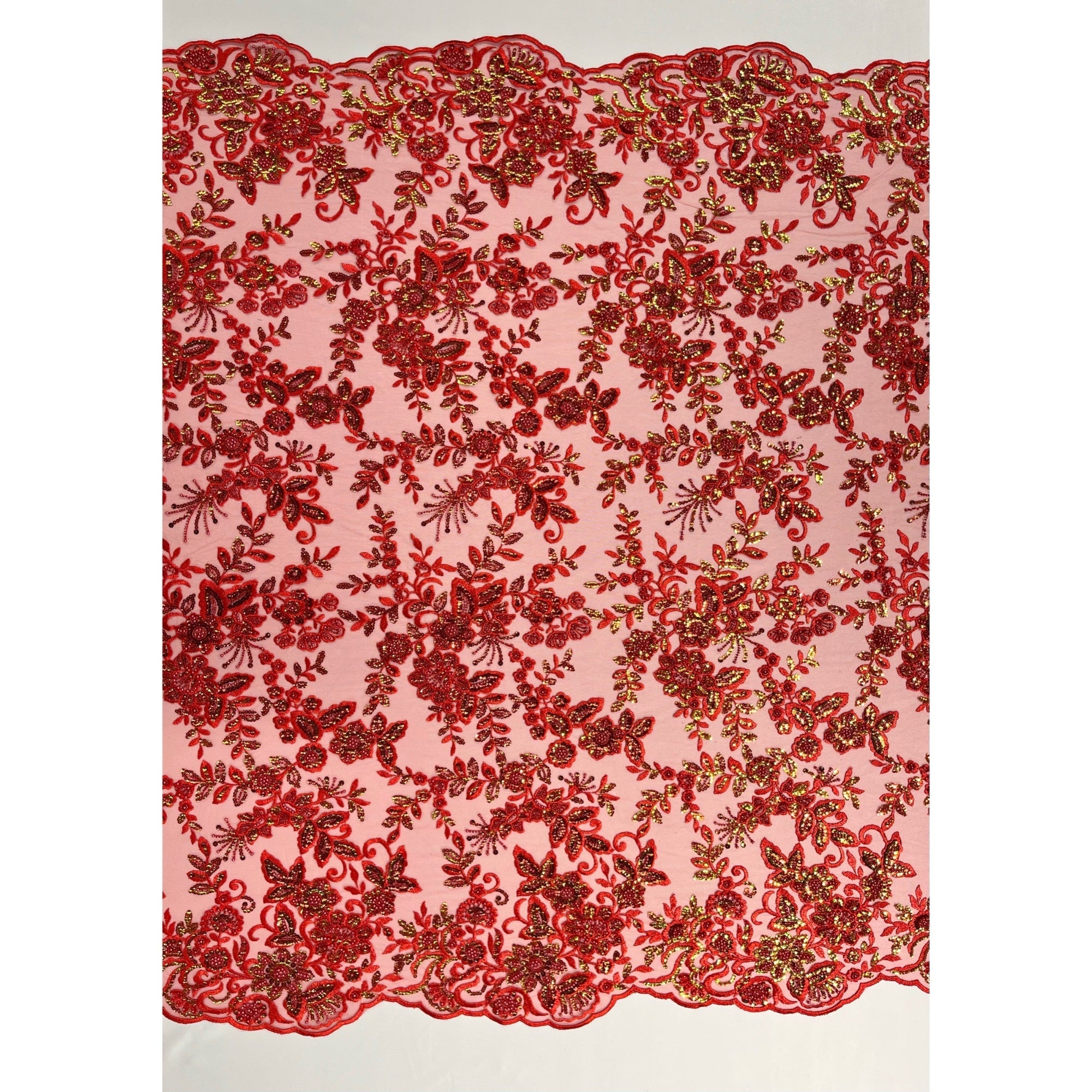 Beaded & Sequined Sparkling  Floral Lace Fabric – Scalloped Edges | Lace USA - GD-2218