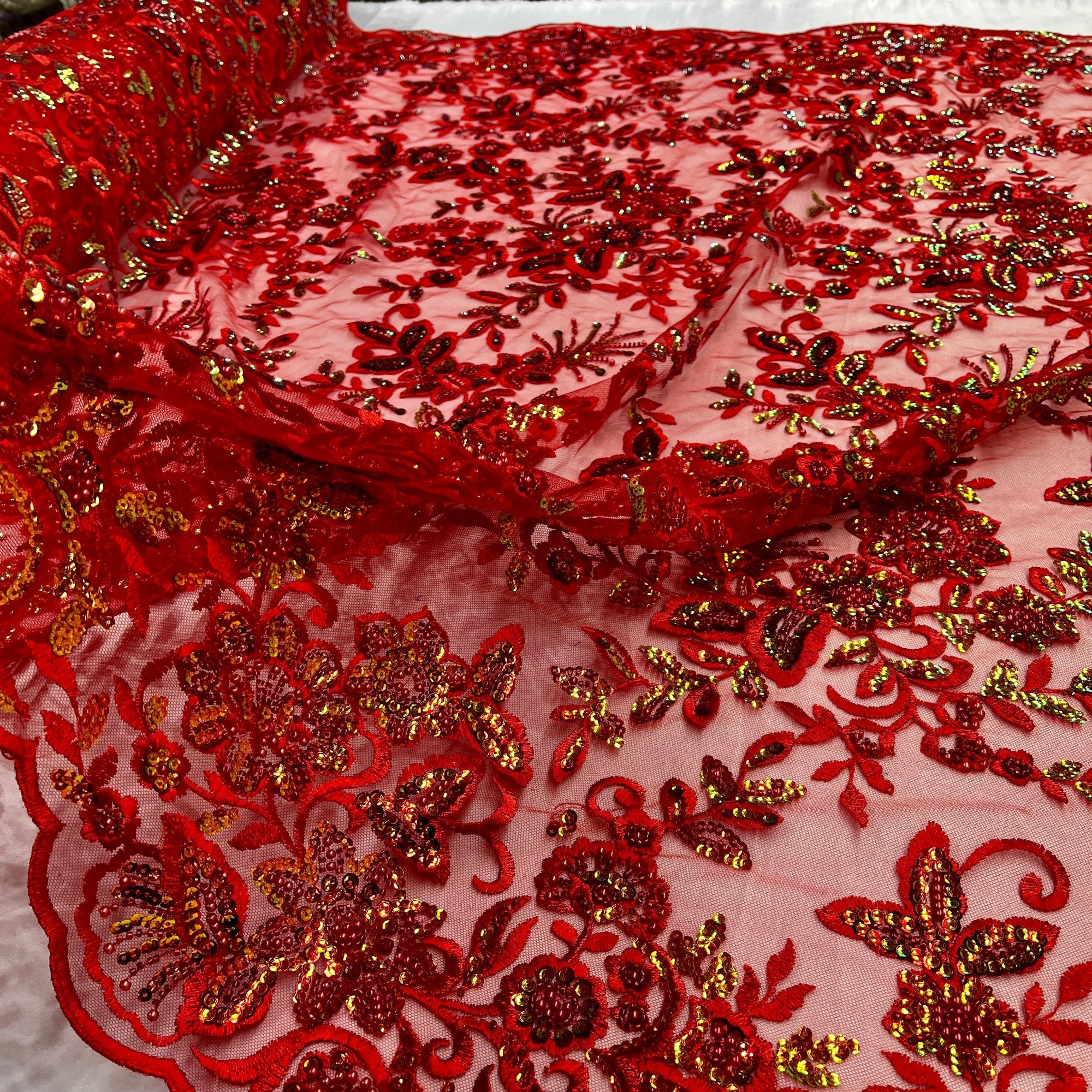 Beaded & Sequined Sparkling  Floral Lace Fabric – Scalloped Edges | Lace USA - GD-2218