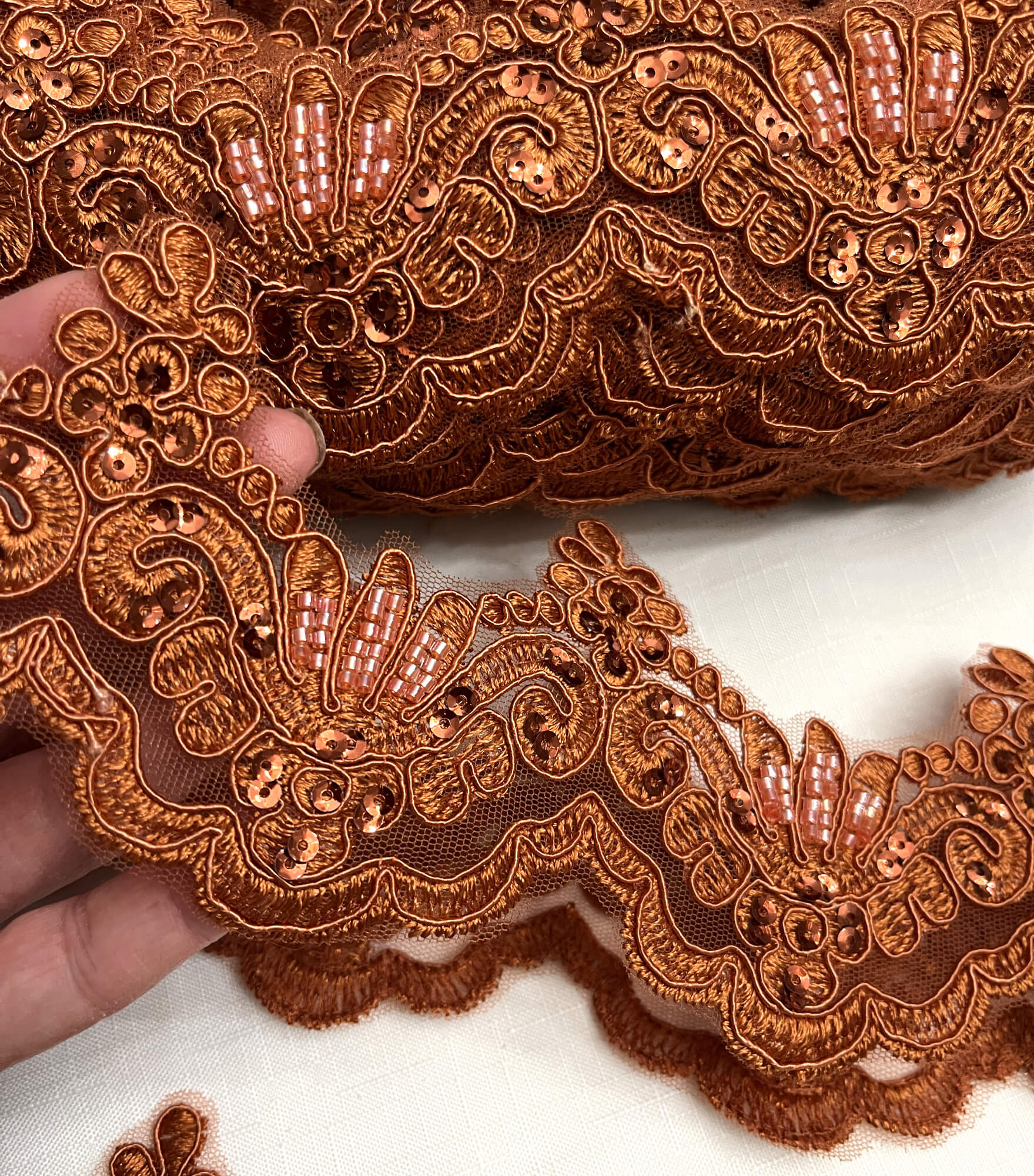 Beaded & Corded Lace Trimming Embroidered on 100% Polyester Net Mesh | Lace USA - KZ-34W-HB