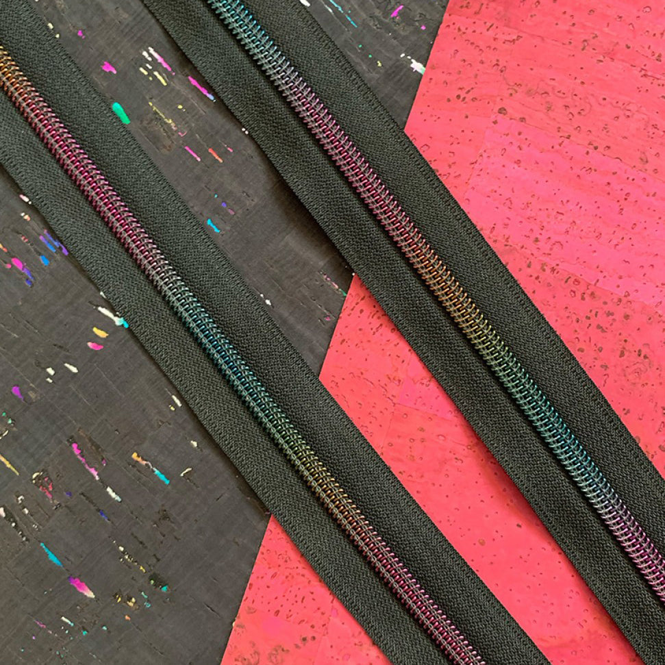 Black Zipper Tape w/ Rainbow Teeth, 3-yds