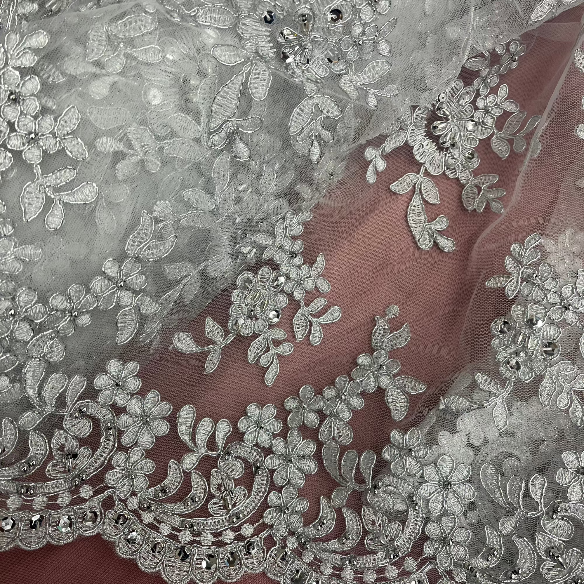 Beaded & Corded Lace Fabric – Floral Design with Scalloped Edges | Lace USA - 91436W-BP