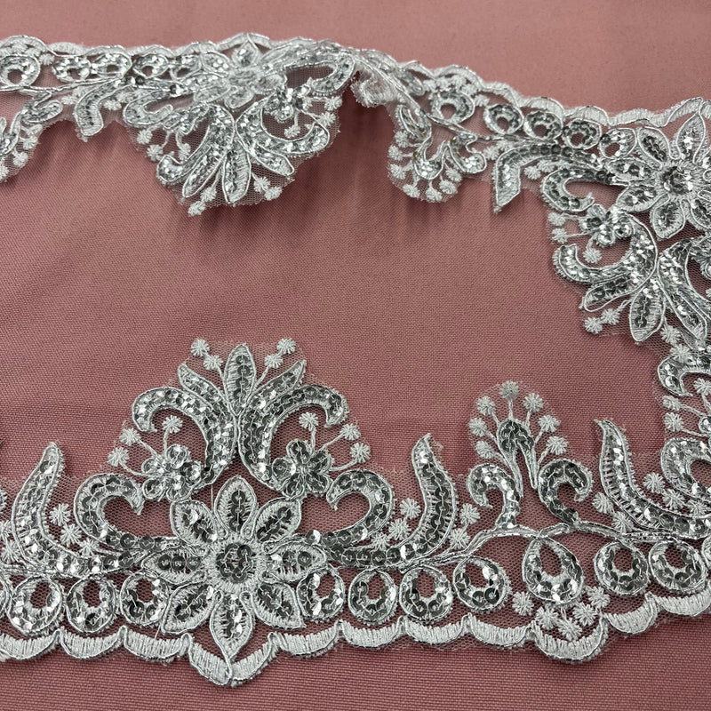 Beaded & Corded Floral Lace Trimming Embroidered on 100% Polyester Net Mesh | Lace USA - 97215W-SB