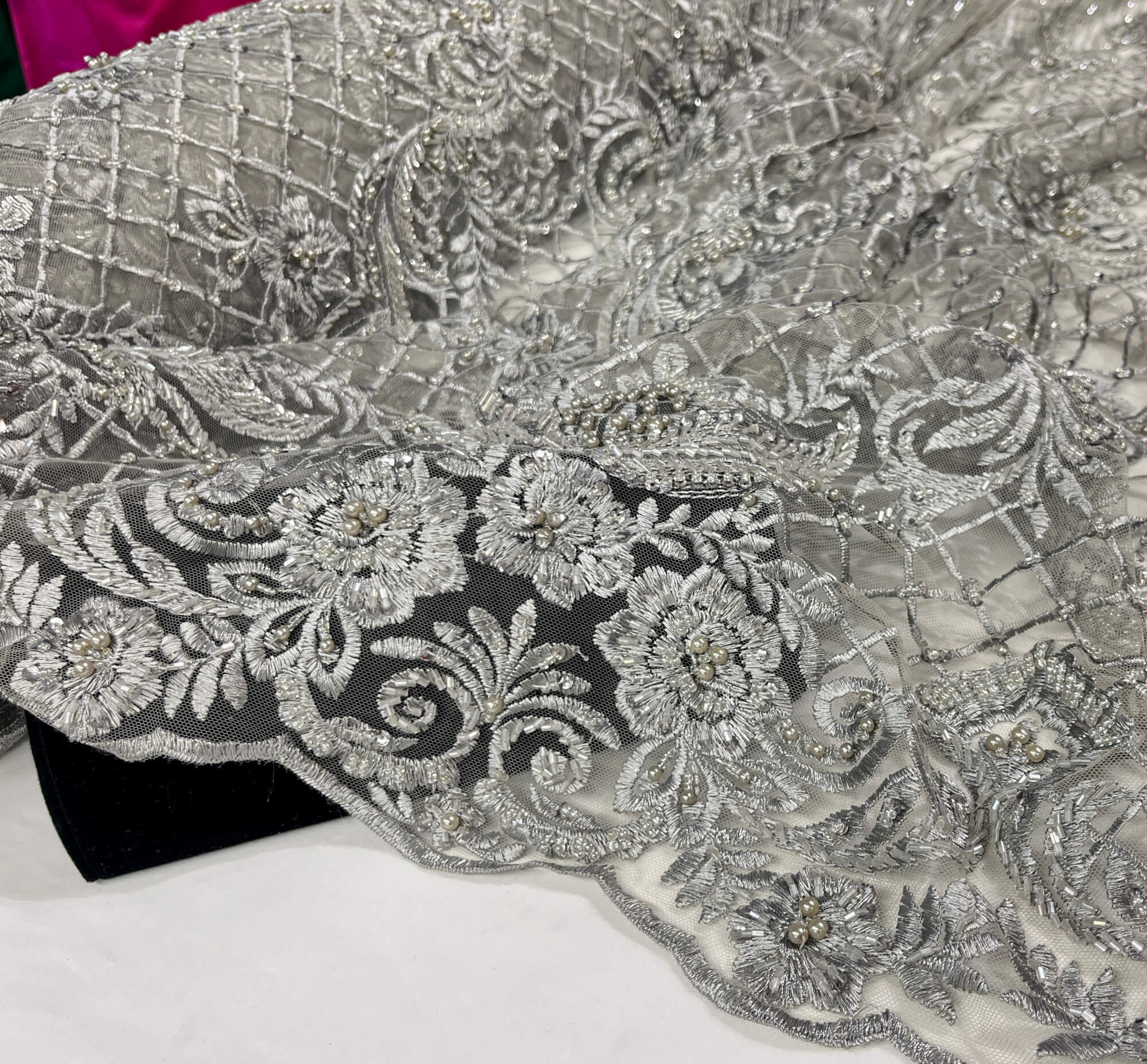 Beaded Lace Fabric Embroidered on 100% Polyester Net Mesh | Lace USA - GD-113