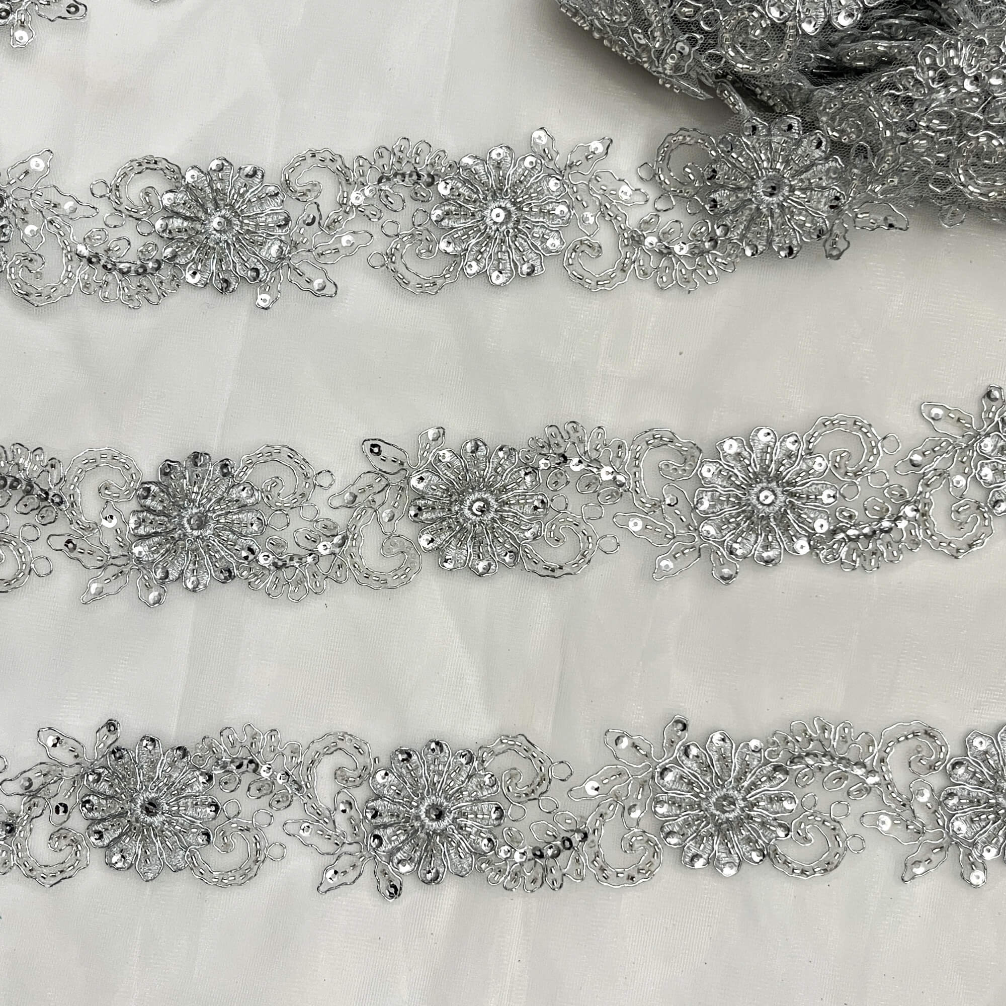Beaded & Corded Lace Trimming Embroidered on 100% Polyester Net Mesh | Lace USA - 96275W-BP