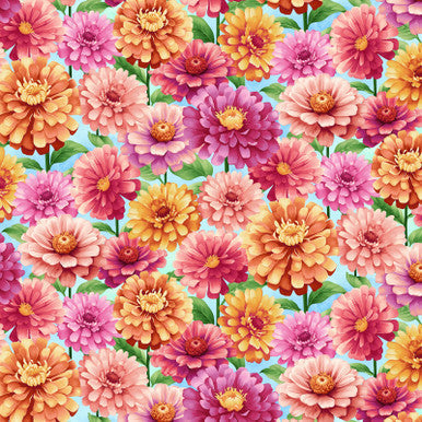 Sky Multi Zinnias Blissful Blooms Cotton 43"/44" Fabric Per Yard
