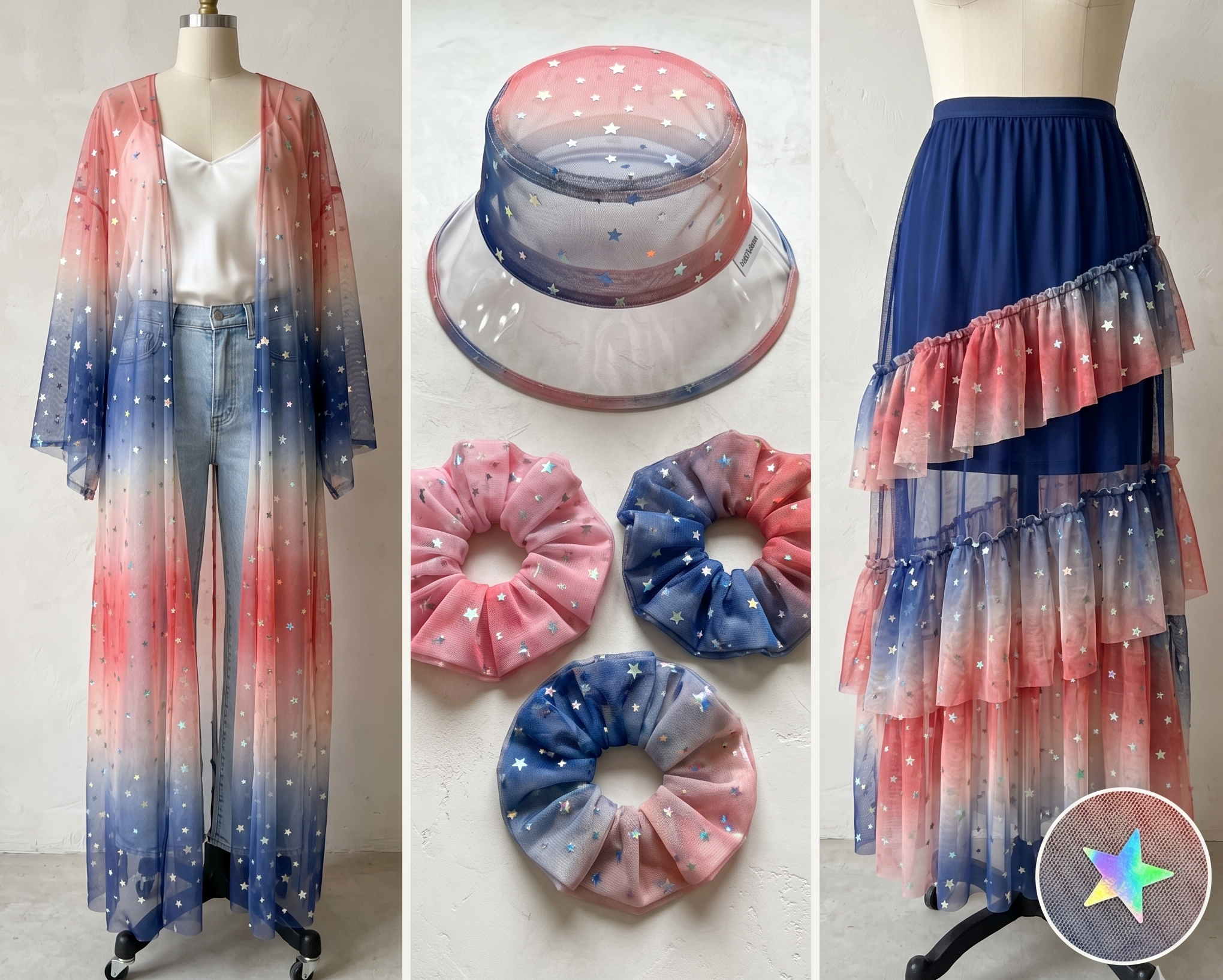 Patriotic Foil Stardust Ombré Mesh Fabric
