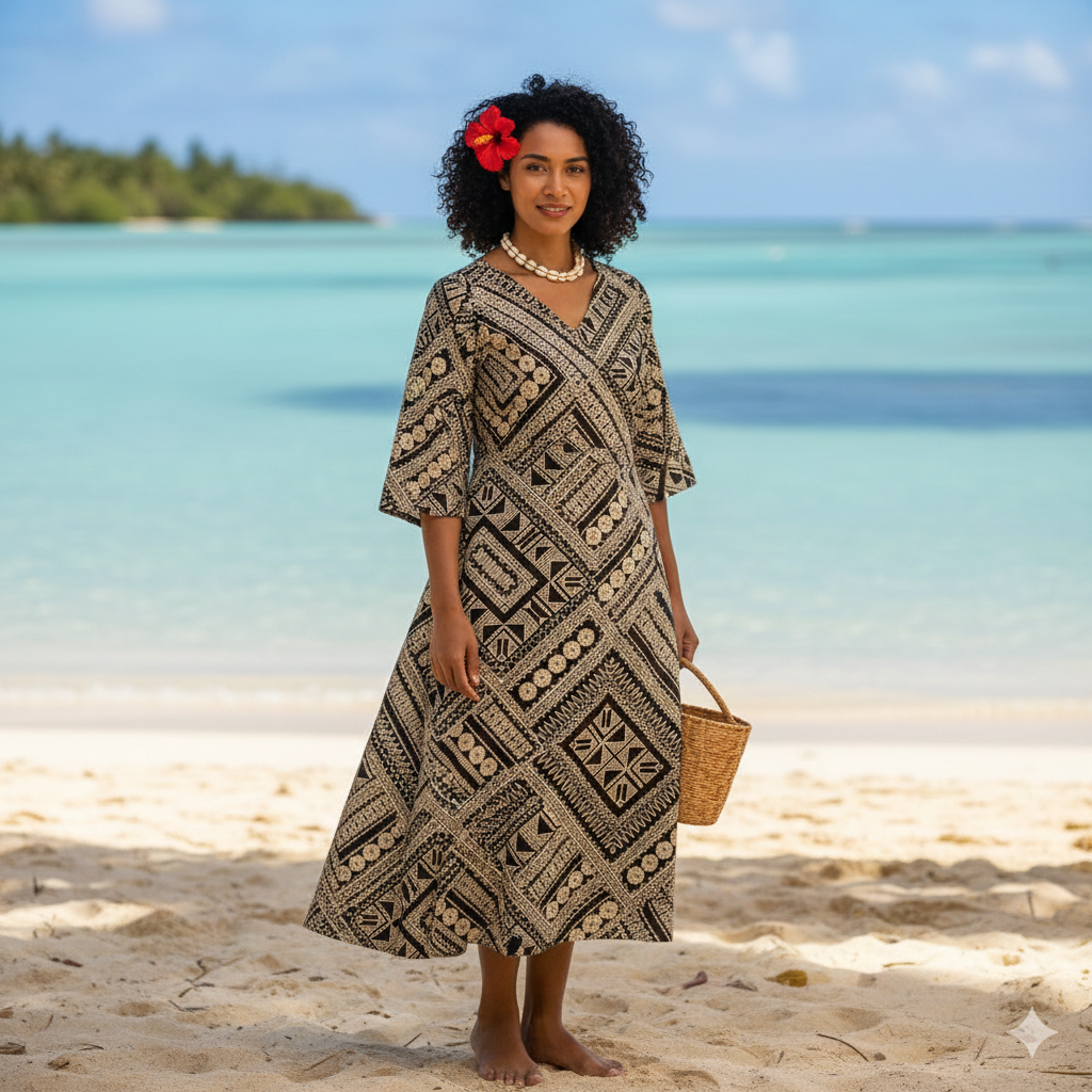 Traditional Polynesian Geometric Design Cotton Light Barkcloth Fabric | Islands Fabric