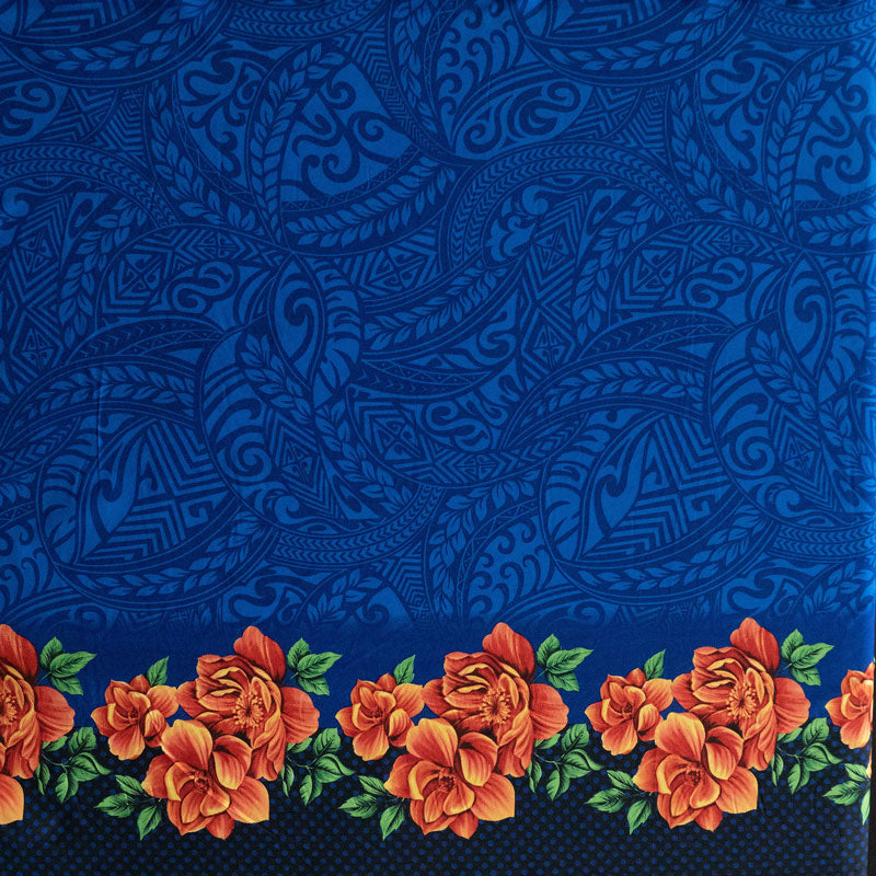 Traditional Polynesian Tattoo Rose Polka Dot Border Peachskin Fabric | Islands Fabric