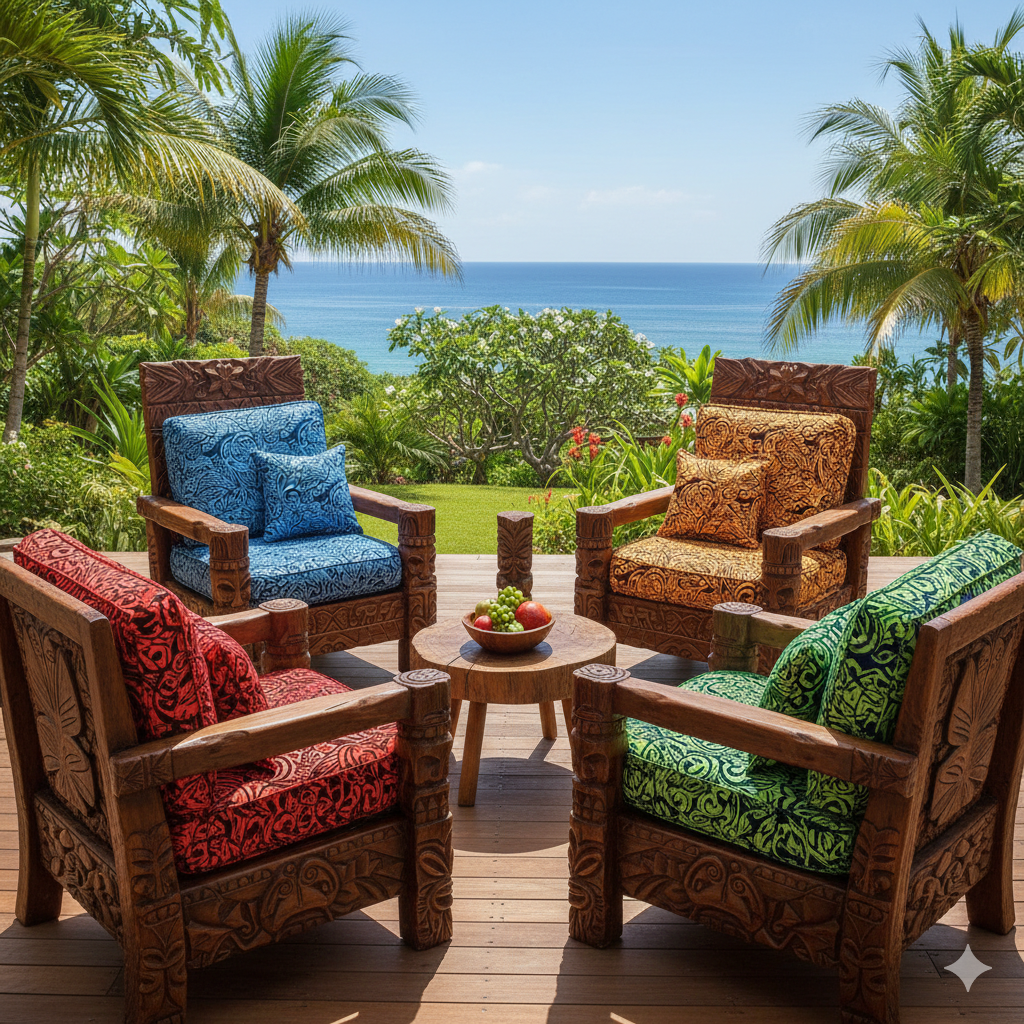 Traditional Polynesian Tattoo Swirl design Cotton Light Barkcloth Fabric | Islands Fabric