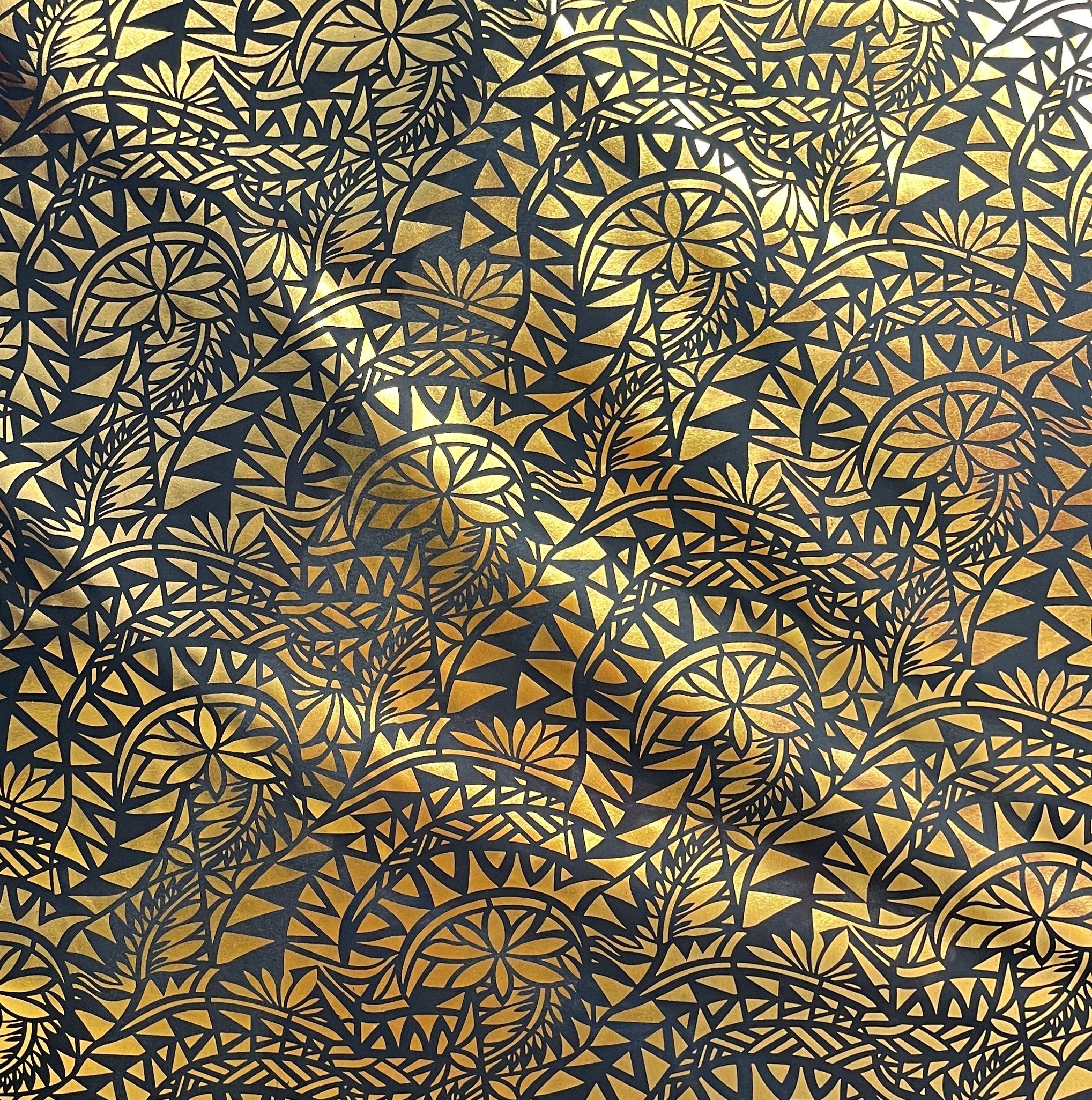 Traditional Polynesian Tattoo Water Lily design Polyester Foil Fabric | Islands Fabric