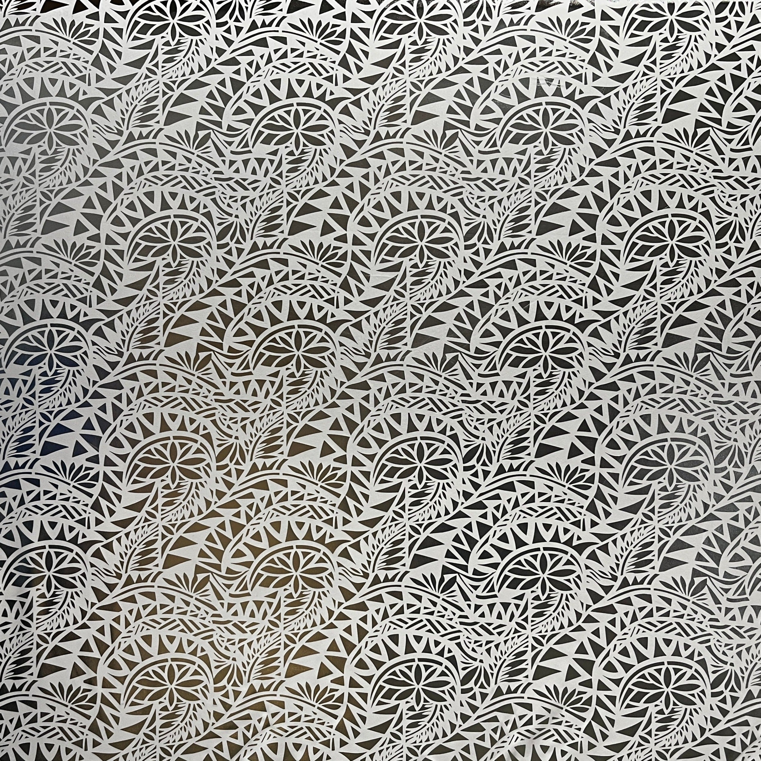 Traditional Polynesian Tattoo Water Lily design Polyester Foil Fabric | Islands Fabric