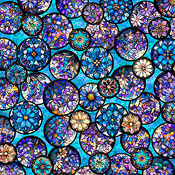 Turquoise Mosaic Blooms Stained Glass Floral Allover Cotton 44/45 Fabric Per Yard