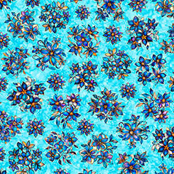 Turquoise Mosaic Blooms Tossed Floral Cotton 44/45 Fabric Per Yard